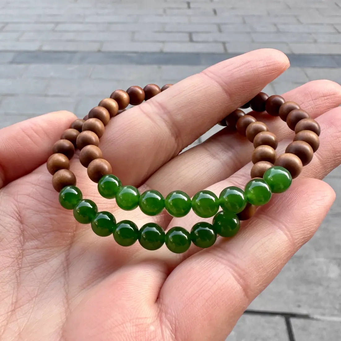 Natural Jade + Sandalwood 6mm Double-strand Beads Bracelet