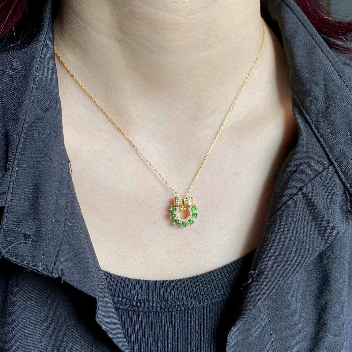 Natural High Icy Jadeite Christmas Wreath Necklace - Green