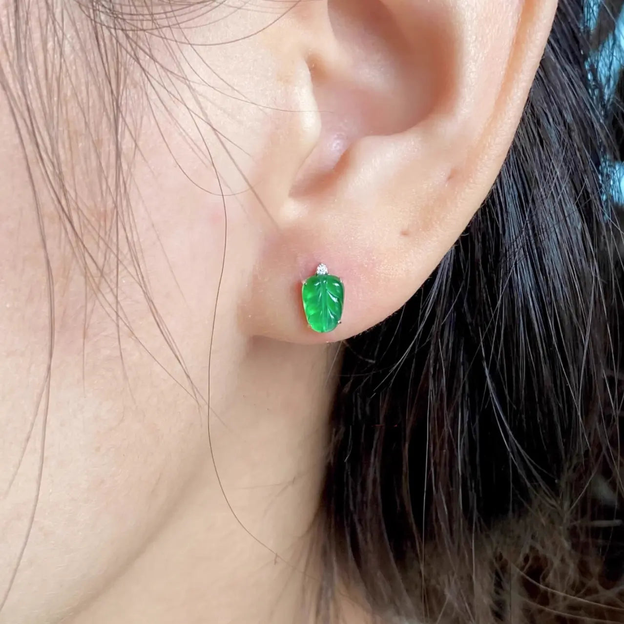 Natural Guatemalan Jadeite Earring Studs - Leaf Style