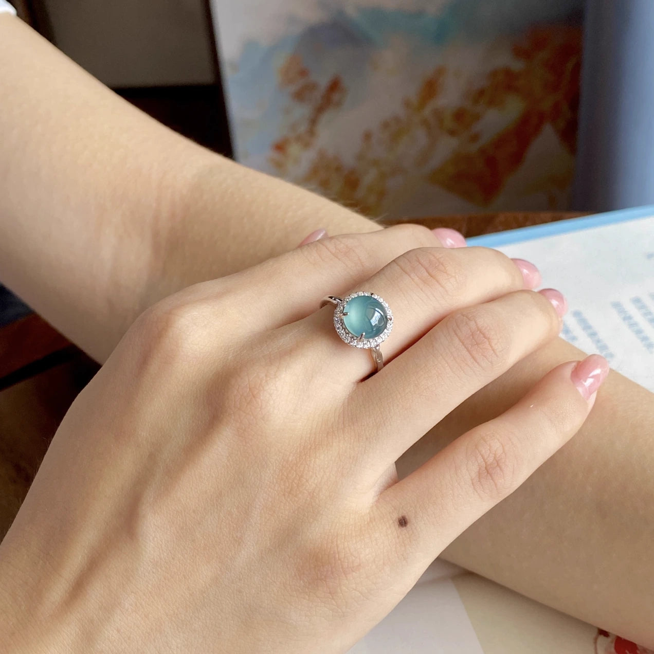 8mm Natural Icy Guatemalan Jadeite Ring - Sky Blue