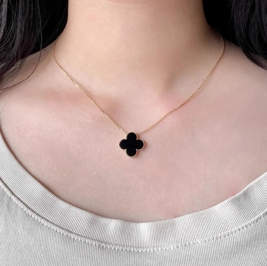 Natural Ink Jadeite Pendant with 18k Gold - Four Leaves Style