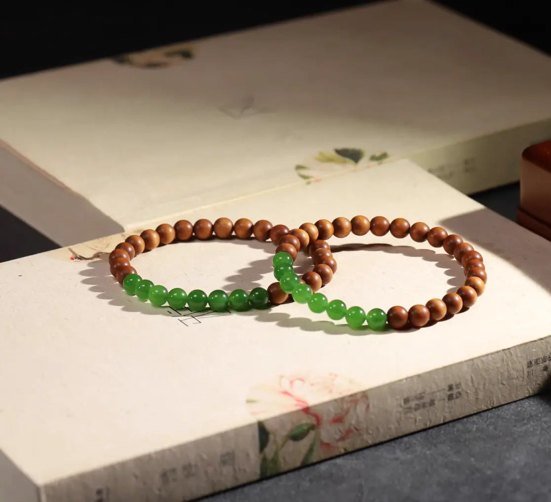 Natural Jade + Sandalwood 6mm Double-strand Beads Bracelet