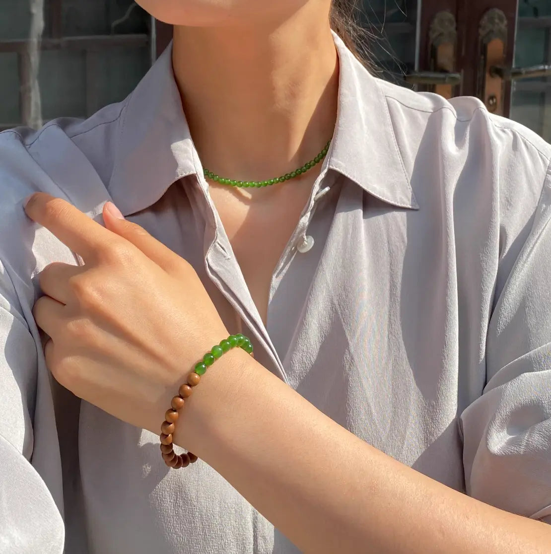 Natural Jade + Sandalwood 6mm Double-strand Beads Bracelet