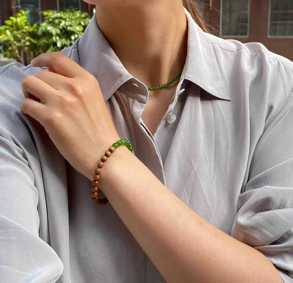 Natural Jade + Sandalwood 6mm Double-strand Beads Bracelet