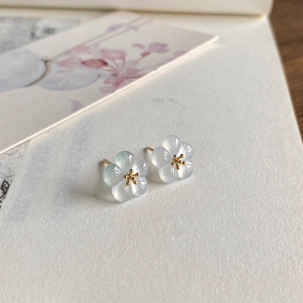 Natural High Icy Burmese Jadeite Earring Studs - Flower