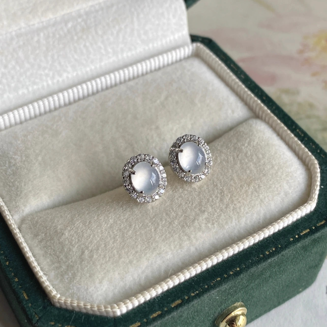 Natural Icy White Burmese Jadeite Earring Studs with Silver