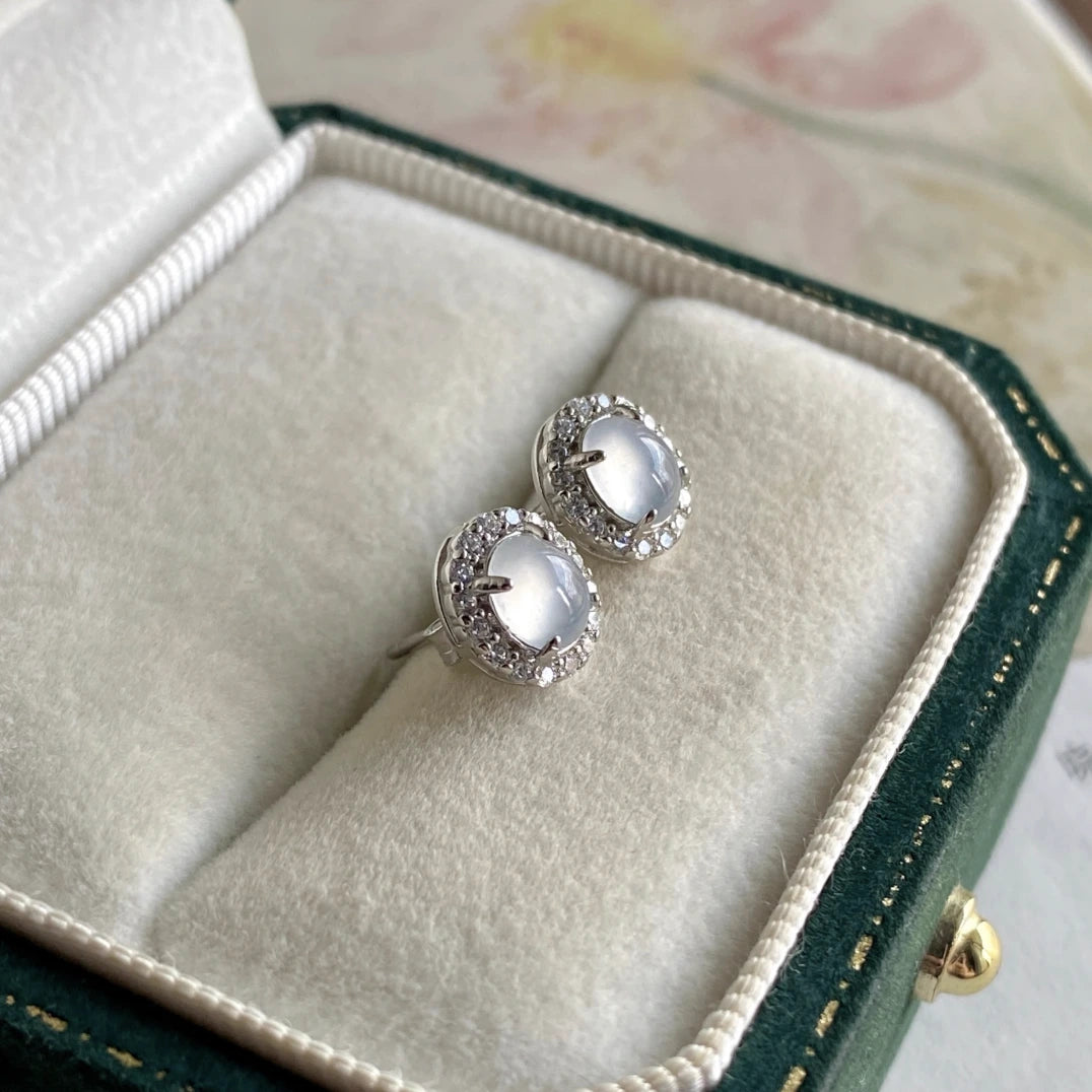 Natural Icy White Burmese Jadeite Earring Studs with Silver
