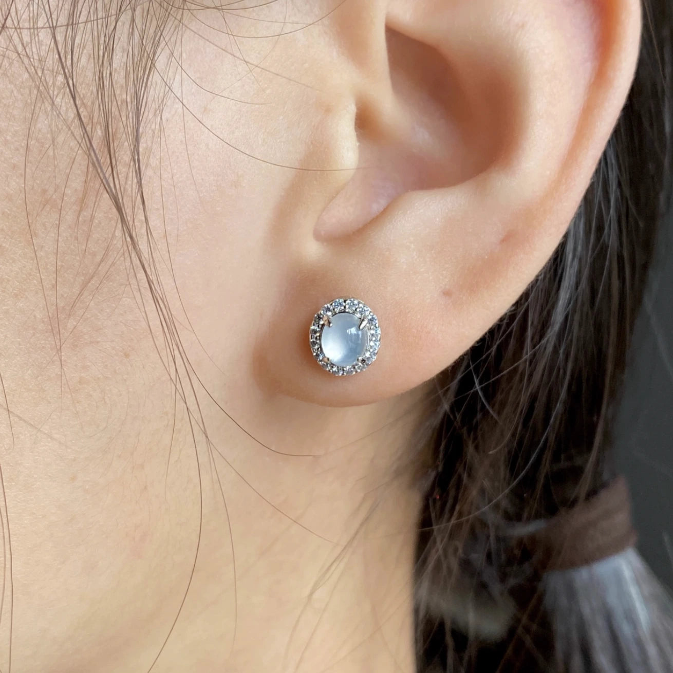 Natural Icy White Burmese Jadeite Earring Studs with Silver