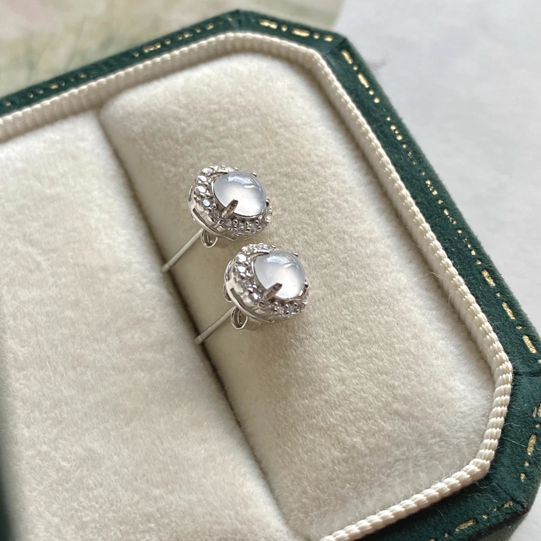 Natural Icy White Burmese Jadeite Earring Studs with Silver