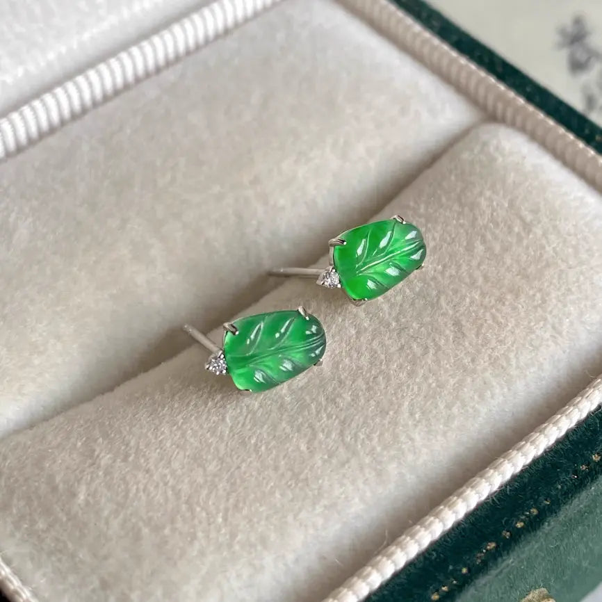 Natural Guatemalan Jadeite Earring Studs - Leaf Style