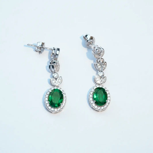 Long Emerald Earrings - Flower and Leaves Style