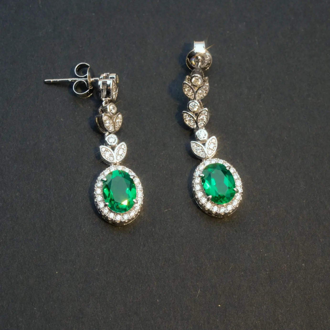 Long Emerald Earrings - Flower and Leaves Style