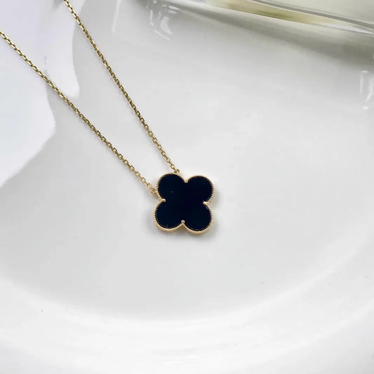 Natural Ink Jadeite Pendant with 18k Gold - Four Leaves Style