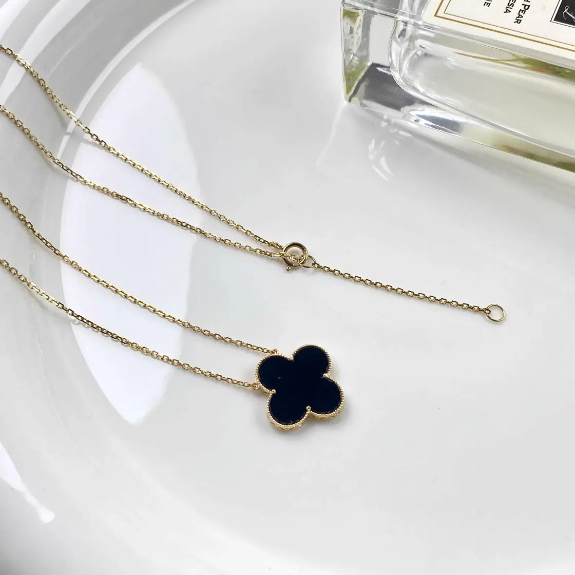 Natural Ink Jadeite Pendant with 18k Gold - Four Leaves Style